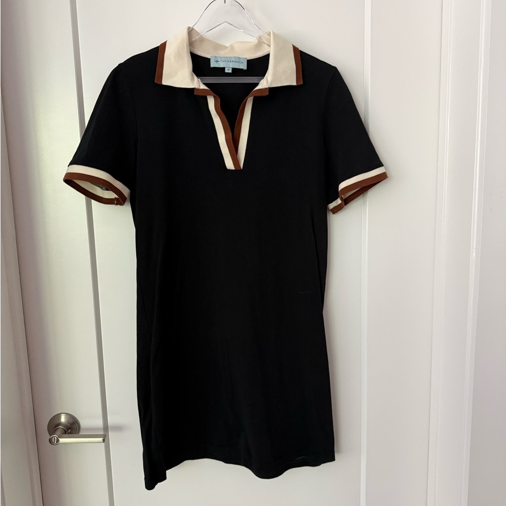 Tuckernuck Black Polo Shirt Dress with Cream & Brown Trim